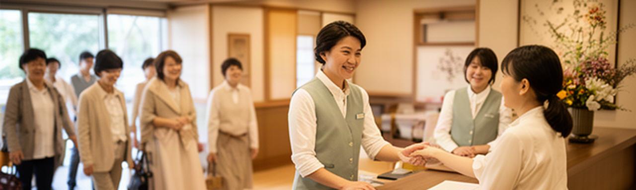 葛城の交流会場で受付をするスタッフと参加者、机の上に案内資料が置かれている様子